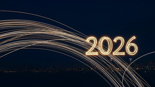 Animated streaks of light form behind the glowing number 2026 set against a dark cityscape