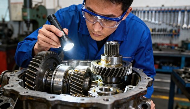 Technician inspecting gears inside a gearbox during routine maintenance to ensure optimal performance and prevent wear