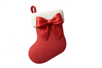 Red christmas stocking with bow, symbolizing holiday traditions and festive decorations on transparent background