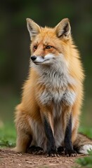 Fototapeta premium Beautiful red fox with vibrant fur, sitting alertly in its natural habitat, showcasing its stunning coloration and wild spirit and grace ,nature ,animal kingdom ,forest