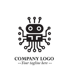 Circuit Robot Logo Symbol in Black on the White Background with Futuristic Tech Design
