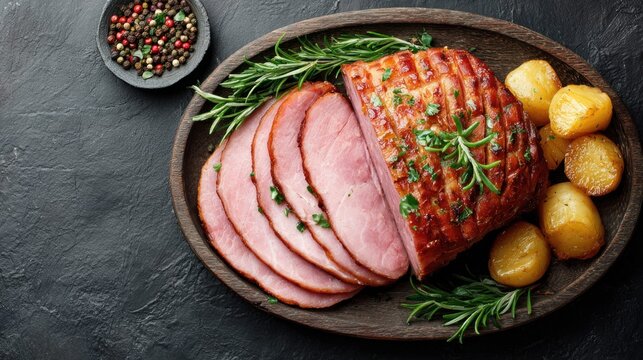 Delicious glazed ham with roasted potatoes and rosemary on a wooden platter