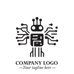 Circuit Robot Logo Symbol in Black on the White Background with Futuristic Tech Design
