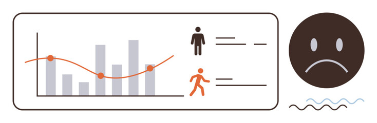 Bar graph and line chart showing performance decline, icons of person and movement, and a sad face symbol. Ideal for data trends, business analysis, failure, mood, feedback, decision-making
