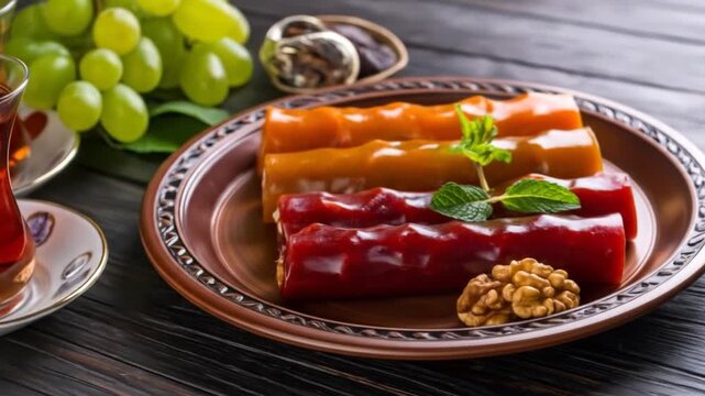 Sweet Georgian Churchkhela Candy Rolls with Nuts and Grapes Served with Traditional Tea