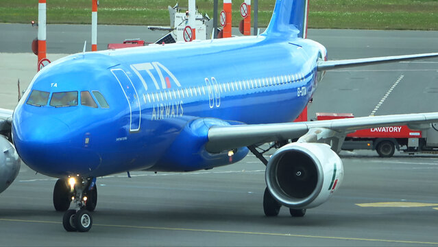 Hamburg, Germany - 19. September 2025: ITA Airways Airbus A320 airplane taxiing at Hamburg Airport