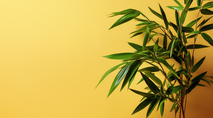 Fototapeta premium photograph of a bamboo plant on the right side with green leaves and a green background