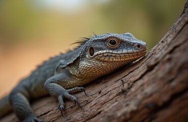 Fototapeta premium A close up photo shows a reptile monitor lizard on a tree trunk in its natural habitat. The animal has gray skin with rough texture and it looks around.