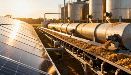 Medium shot of a solarbiomass hybrid plant showcasing solar panels beside biomass processing units under bright sunlight highlighting renewable energy integration.