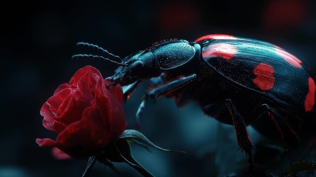 A macro photograph of a patterned beetle feeding on a red rose with sharp detail and dramatic lighting