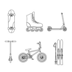 Fototapeta premium Skateboard, Roller Skate, Scooter, BMX Bike, and Skis Line Art for Active Lifestyle Branding, Perfect for Sports and Recreation Businesses, Originally Scalable Vector Graphics