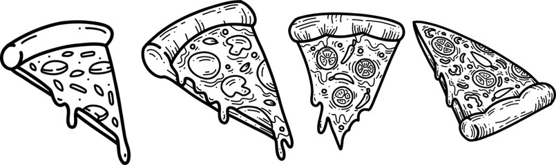 Black and White Pizza Slice Illustrations with Varied Toppings and Styles PNG transparent background