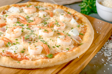 Seafood pizza with spices on brown wooden tray and generated with AI