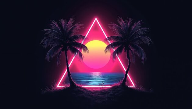 Synthwave art with palm trees on ocean beach at sunset. Neon glowing triangle above sea reflects in water surface. Retrowave design for party flier summer disco event poster. Vintage vaporwave style