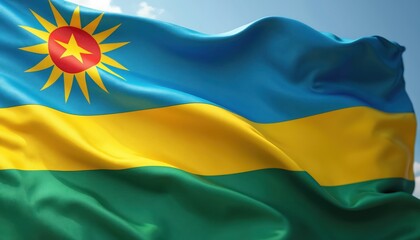 Rwanda flag waving in wind against blue sky. Rwandan national banner with sun emblem flutters proudly. State symbol of silk fabric represents country freedom, pride and independence.