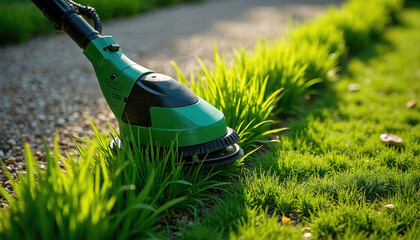 Fototapeta premium Green grass trimmer cuts lawn edges. Summer garden maintenance and yard work. Cut overgrown plants for neatness. Tool for landscaping and horticulture.