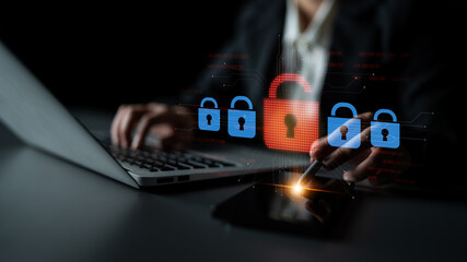 Digital security concept illustrating a cybersecurity breach, with a red unlocked padlock...