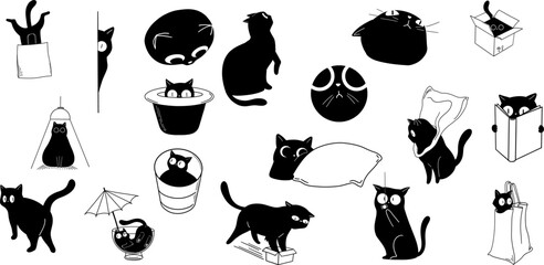 Black Cat Silhouette Illustrations in Playful and Humorous Poses on isolated transparent PNG  Background