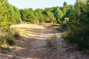 Amateur motocross track snaking through a sun-drenched sandy quarry. Tire marks crisscross the dusty terrain, flanked by a vibrant green forest. A rugged off-road trail