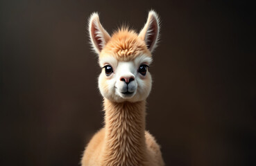 Obraz premium Cute baby llama portrait, fluffy fur. Soft brown background. Gentle eyes gaze forward. This adorable alpaca cub looks curious and sweet. Small mammal friend for kids.