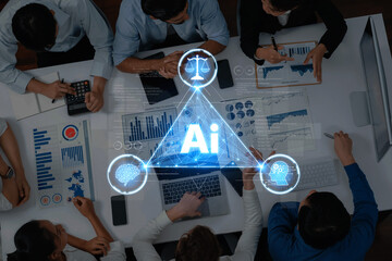 A diverse business team collaborates on data analysis in a modern office, exploring the role of artificial intelligence in decision-making processes. Trope