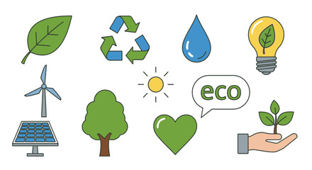 Ecology elements set. Flat cartoon style symbols of nature conservation. Vector