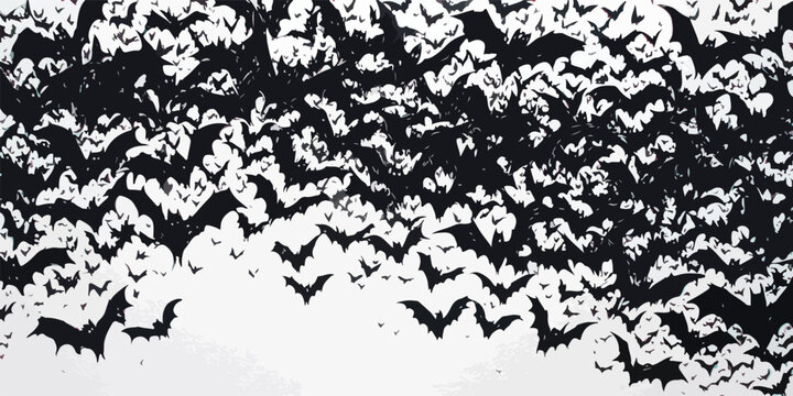 Uma nuvem densa de morcegos pretos em silhueta voa contra um fundo branco, criando uma atmosfera assustadora e ideal para temas de Halloween.