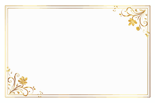 Uma moldura retangular dourada e sofisticada, com detalhes florais ornamentados nos cantos, ideal para convites, certificados e designs elegantes.