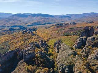 Fototapeta premium Autumn Aerial view of Belogradchik Rocks, Bulgaria