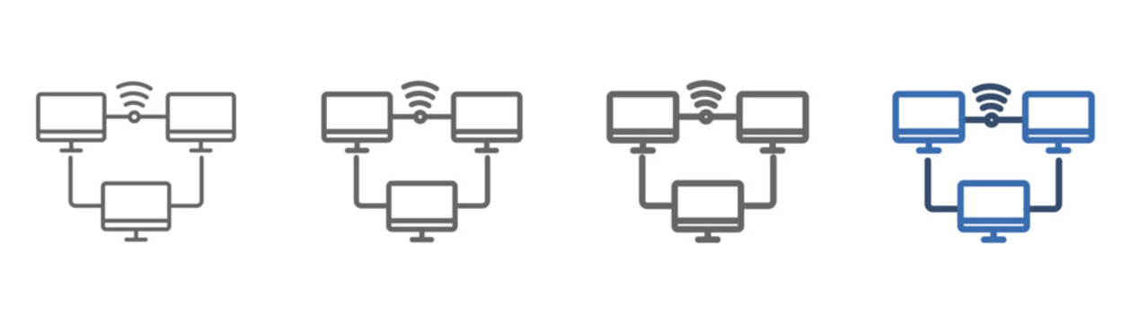 
Outline icon sheet local area network with three computer design, diagram and signal