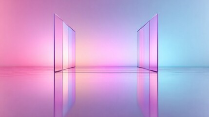 Abstract glass panels reflecting colorful gradient light in a modern architectural space