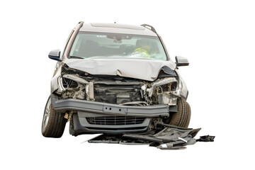 Front view of silver SUV car broken after severe crash on the road isolated with clipping path and generated with AI in png file format