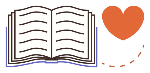 Open book with visible pages alongside orange heart and dotted line. Ideal for learning, passion, storytelling, education, inspiration, creativity, knowledge. Simple flat metaphor