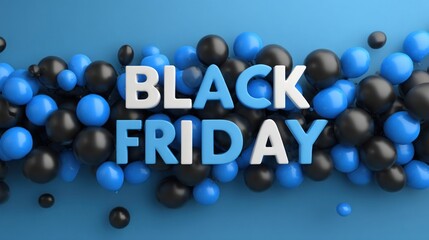 Long narrow banner for Black Friday and Cyber Monday with 3D black and blue balloons and sale text