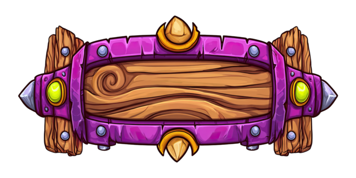 Cartoon Wooden Sign with Purple Frame and Golden Accents.