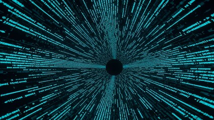 Turquoise lines converge into a central dark circle, creating a tunnel-like abstract design