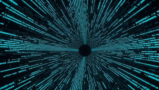 Turquoise lines converge into a central dark circle, creating a tunnel-like abstract design