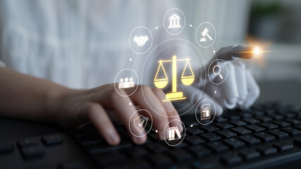 Naklejka premium AI supports justice by automating legal research, analyzing case data, ensuring compliance, and enhancing fairness in governance and decision-making. Latch