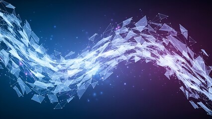 Abstract flowing wave of connected, fragmented shapes in gradient blue to purple