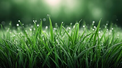 Obraz premium Close-up of vibrant green grass with water droplets, perfect for nature backgrounds
