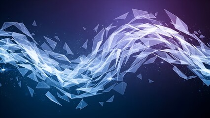 Abstract, geometric wave of interconnected triangles against a gradient blue and purple background