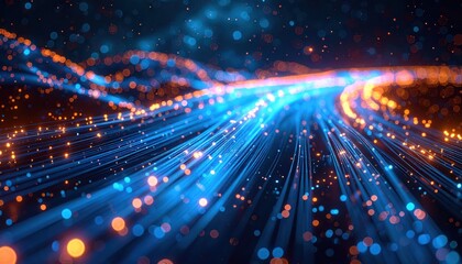 Abstract digital data flow with glowing blue and orange light particles moving along a futuristic network pathway, representing technology and connectivity.