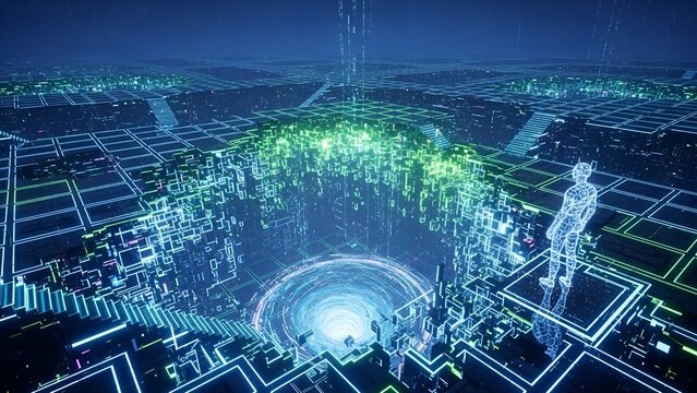 Surreal digital cityscape with a figure observing a deep chasm and data streams - Powered by Adobe