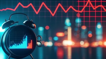 An alarm clock finance stock market chart graph red blue night city lights bokeh analytics investment trading risk volatility downturn growth deadline urgency data trend line risk alert timing - Powered by Adobe