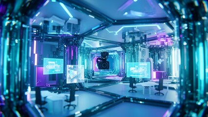 Futuristic media studio interior with glowing screens, camera, and geometric lighting