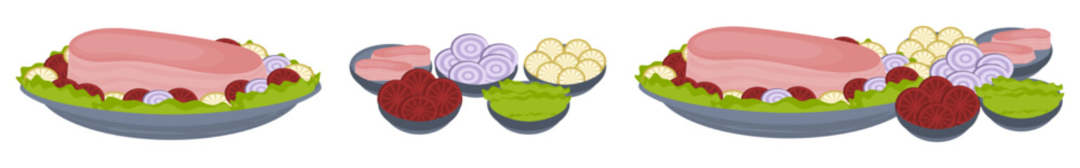 Vector isolated meat steak dishes with the ingredients on a white background 