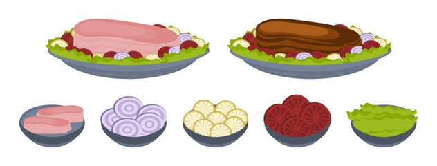 Vector isolated raw and roasted meat steak dishes with the ingredients on a white background 