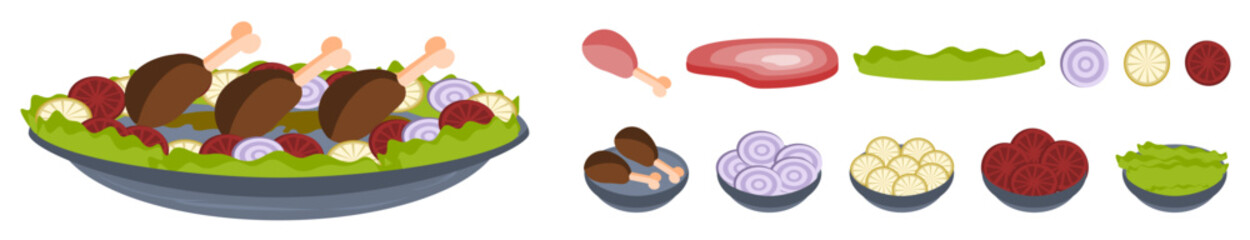 Vector isolated raw and roasted meat wings dishes with the ingredients on a white background 