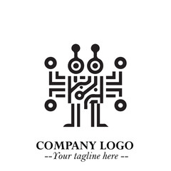 Circuit Robot Logo Symbol in Black on the White Background with Futuristic Tech Design
