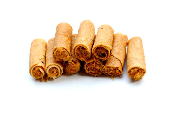 Rolled crispy wafers filled with shredded pork floss, Thai snack.